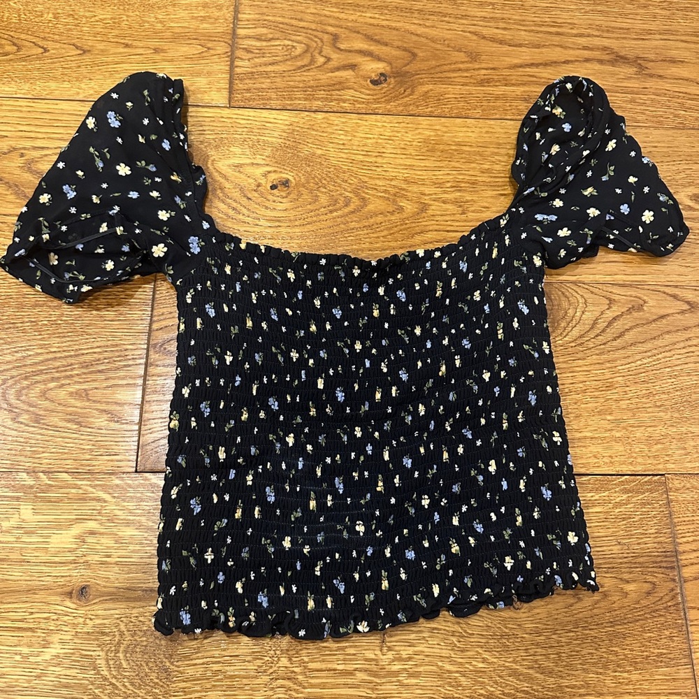 Reformation Black and White Puff Sleeve Smocked Blouse